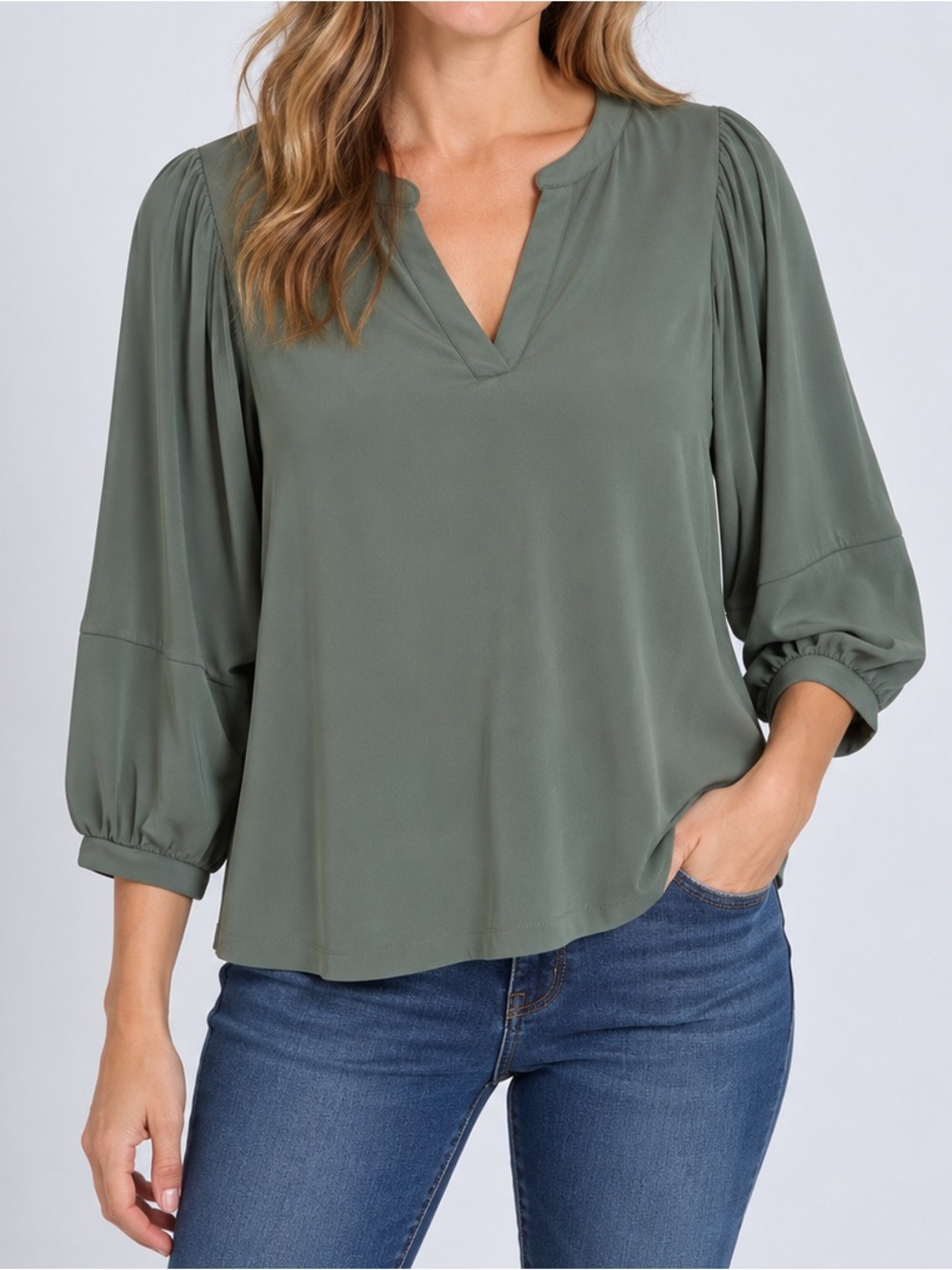 Banana Republic | Olive Green V-Neck Puff Sleeve Blouse | Size M | Like New